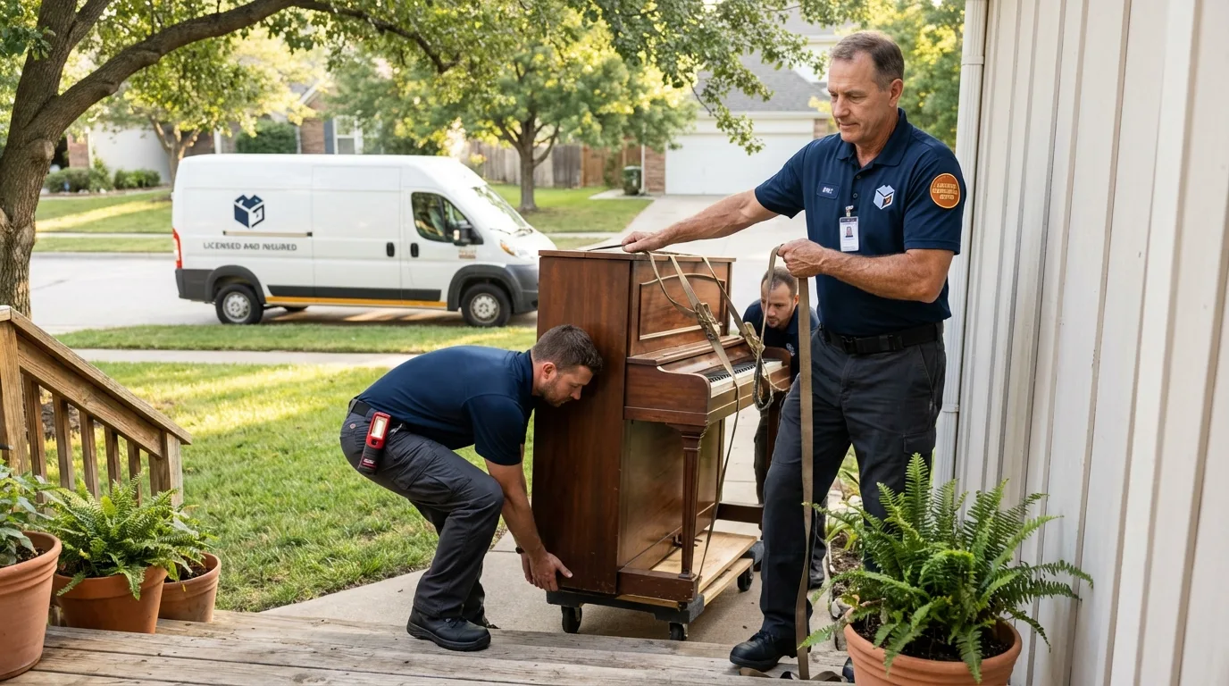 Licensed piano movers securing grand piano in Bradenton Beach, FL
