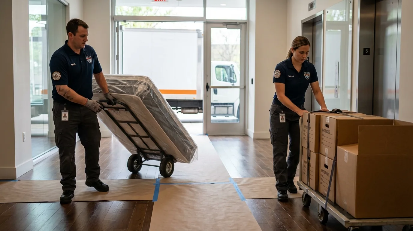 Professional apartment movers loading elevator in Bradenton Beach, FL